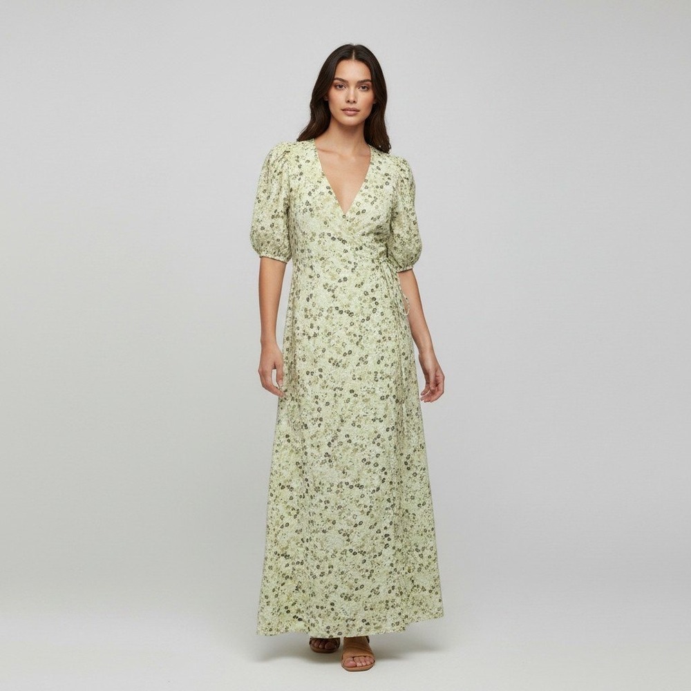 Madewell Floral Wrap Maxi Dress Green Puff Sleeve V-Neck Size 4 Cottagecore